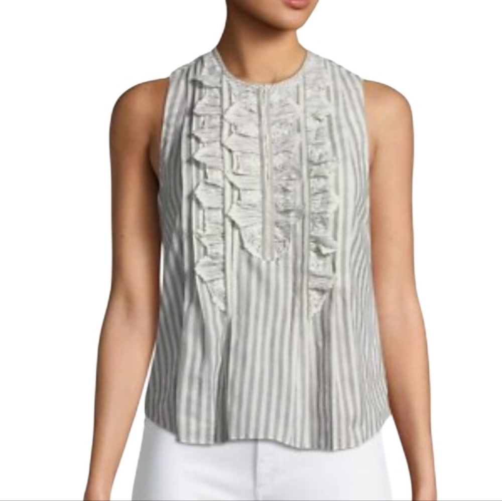 Rebecca Taylor Sleevless Gray and White Ruffle Striped Eyelet Bib Blouse